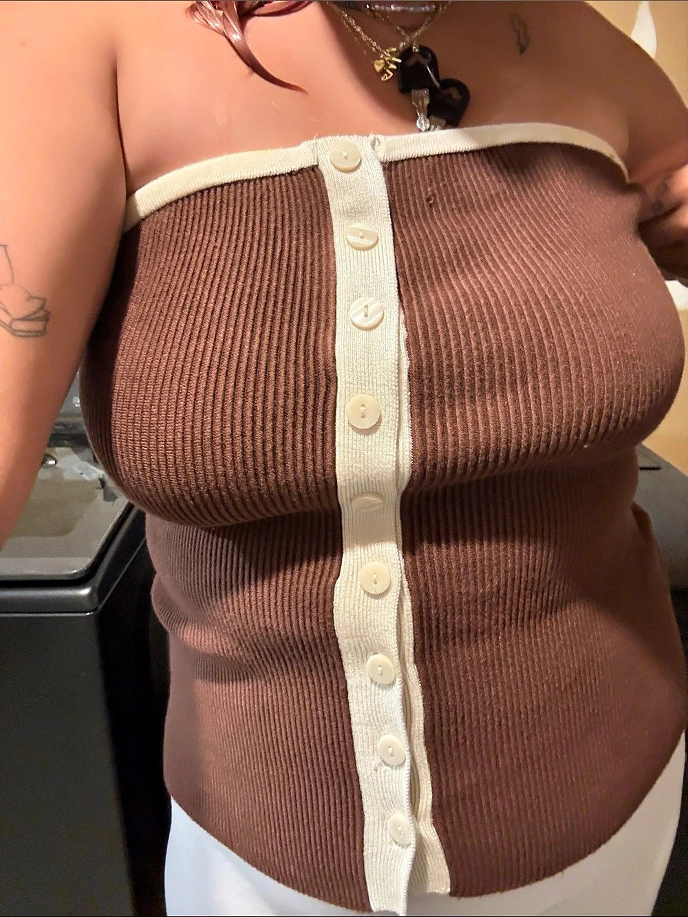 Abercrombie & Fitch Brown Strapless Ribbed Button-Front Top with White Trim